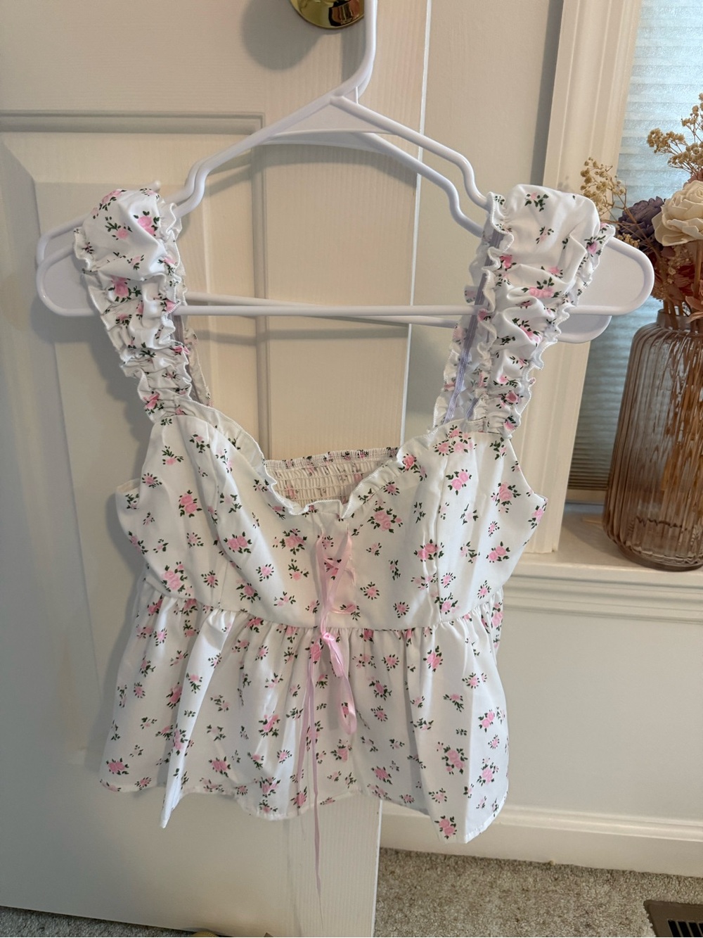 Floral Ruffle-Strap White Crop Top with Pink Accents